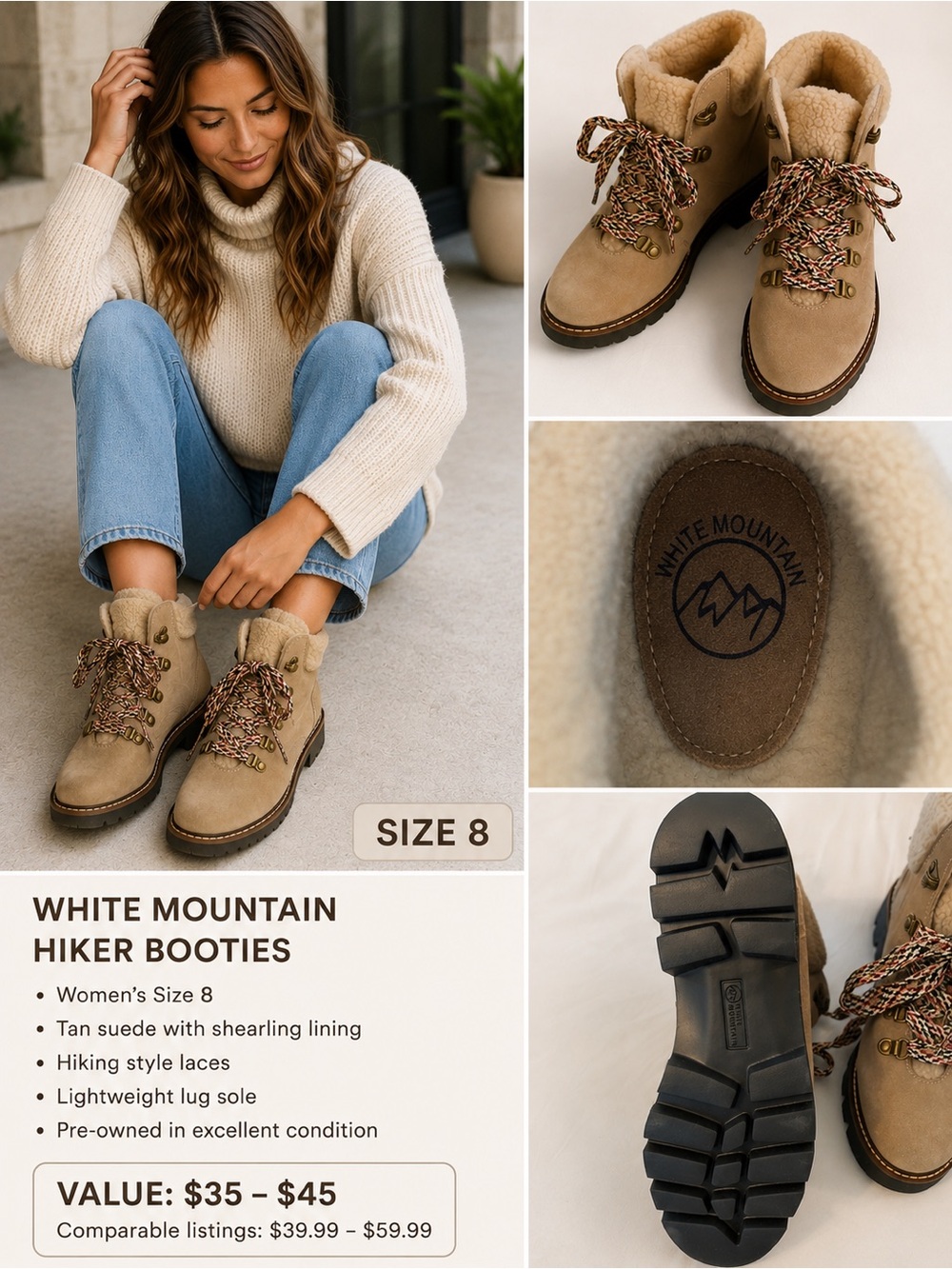 White Mountain Tan Suede Hiker Booties with Shearling
